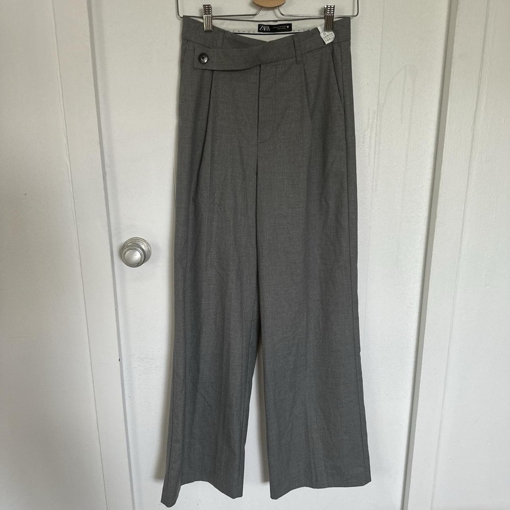 ZARA Dark Grey Wide-Leg Trousers | Asymmetrical Button Detail